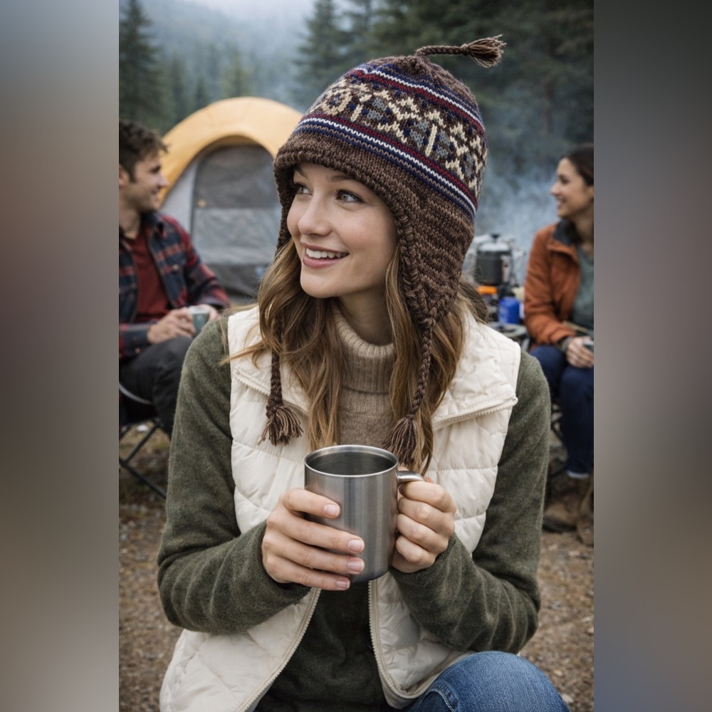 Land's End Slate/Toast Fair Isle Peruvian Tassel Beanie NWT